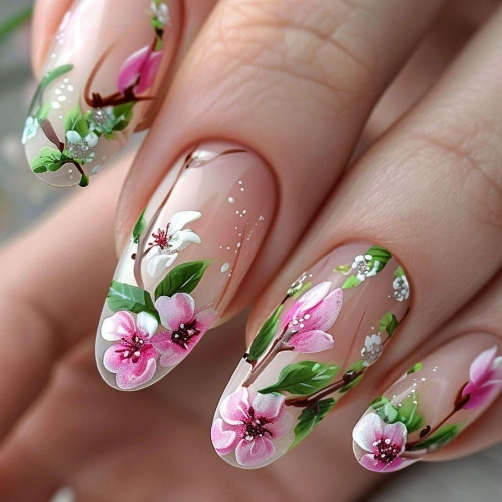 Pressed Flower Art - Kuku palsu bunga 3D tekan Almond