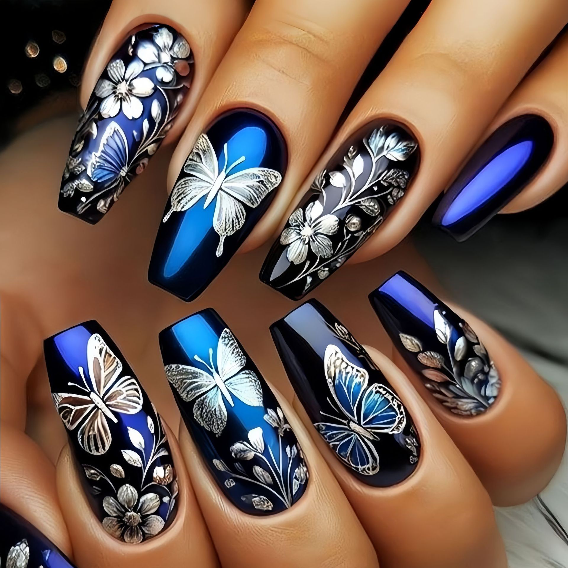 Pressed Flower Art - Kuku palsu panjang sedang untuk wanita