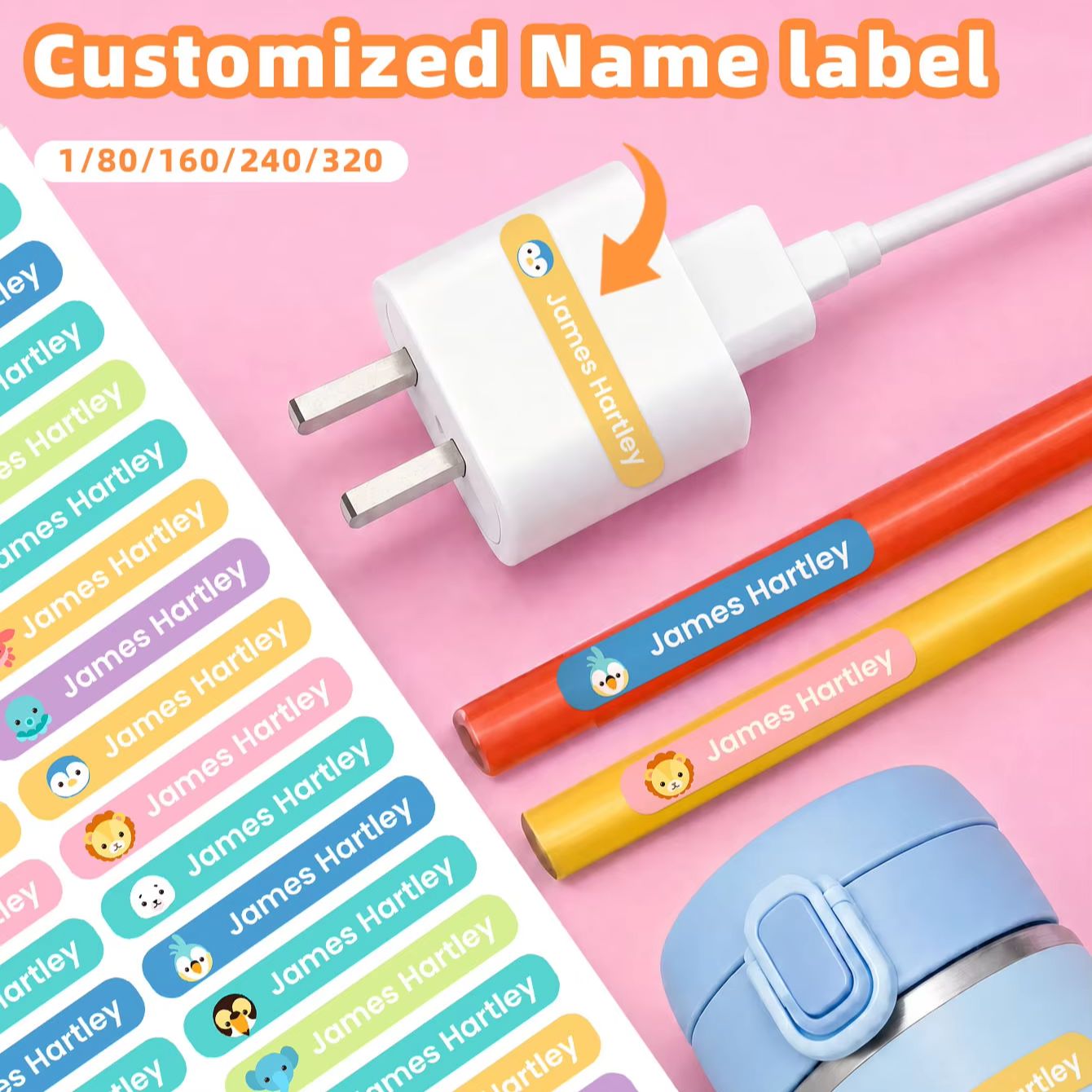 Personalized Name Box - 1-320PCS Stiker Nama Kartun Kustom, Label