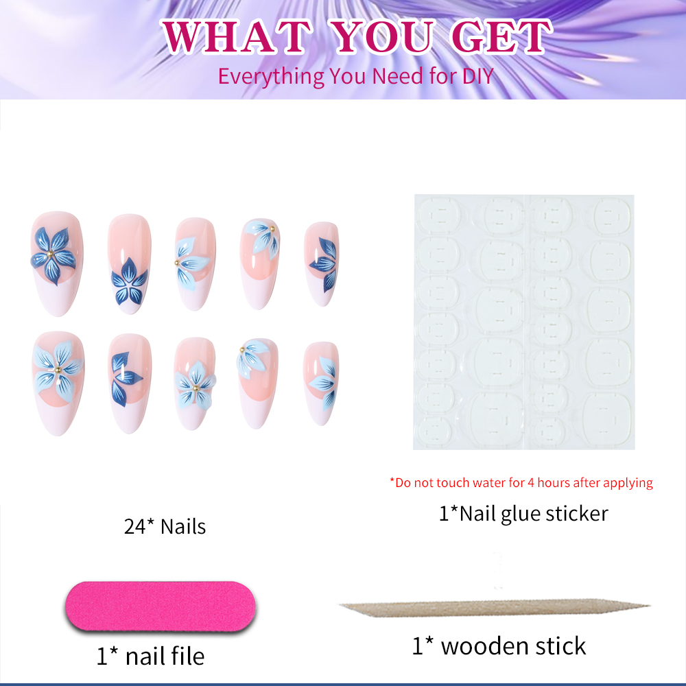 24 pcs Kuku Palsu Almond 3D Ge - Pressed Flower Art ulasan dan harga